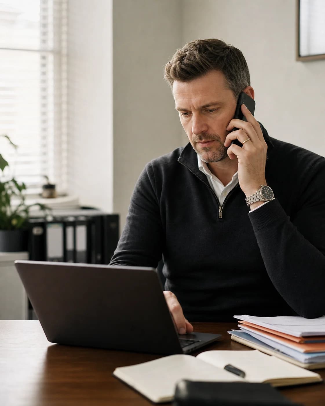 A mortgage broker speaking with a customer while working at his desk